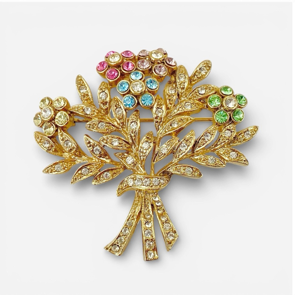 Vintage Jewelry - Vintage Rachel Colorful Rhinestone Flower Bouquet Gold Tone Brooch.